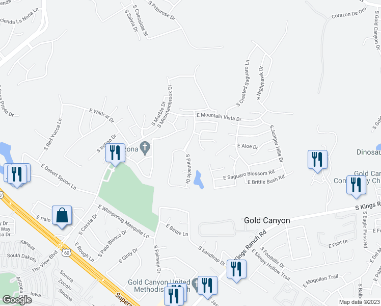 map of restaurants, bars, coffee shops, grocery stores, and more near 5585 South Pinnacle Drive in Gold Canyon