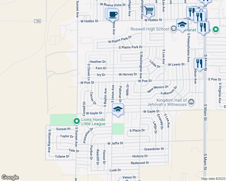 map of restaurants, bars, coffee shops, grocery stores, and more near 2202 South Union Avenue in Roswell