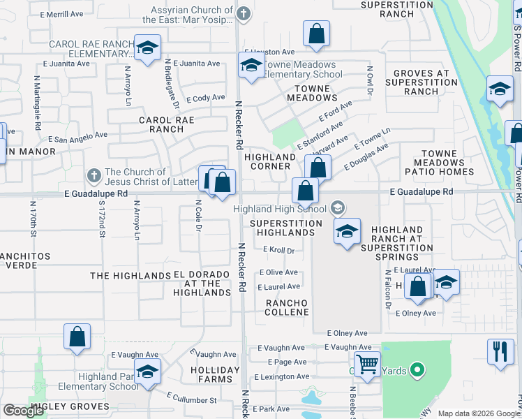 map of restaurants, bars, coffee shops, grocery stores, and more near 4048 East Aspen Way in Gilbert