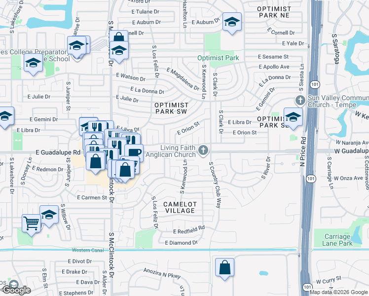 map of restaurants, bars, coffee shops, grocery stores, and more near 1952 East Pegasus Drive in Tempe