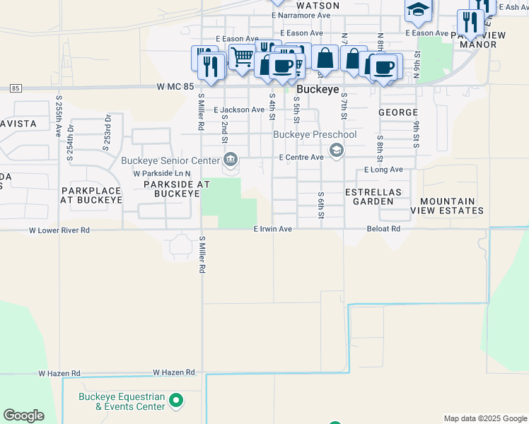 map of restaurants, bars, coffee shops, grocery stores, and more near 605 South 4th Street in Buckeye
