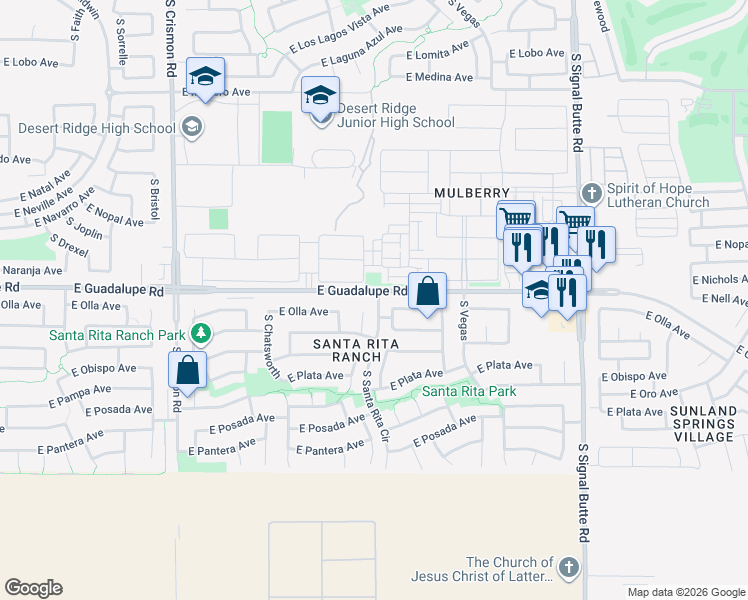 map of restaurants, bars, coffee shops, grocery stores, and more near 2758 South Santa Rita in Mesa