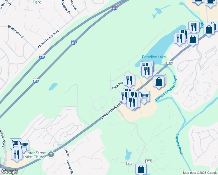 map of restaurants, bars, coffee shops, grocery stores, and more near 4980 Paradise Lake Circle in Birmingham