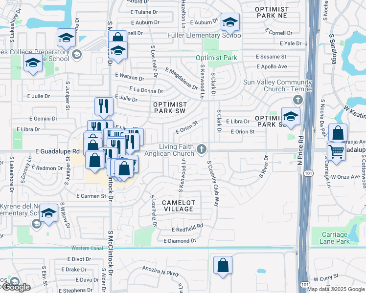 map of restaurants, bars, coffee shops, grocery stores, and more near 1952 East Pegasus Drive in Tempe