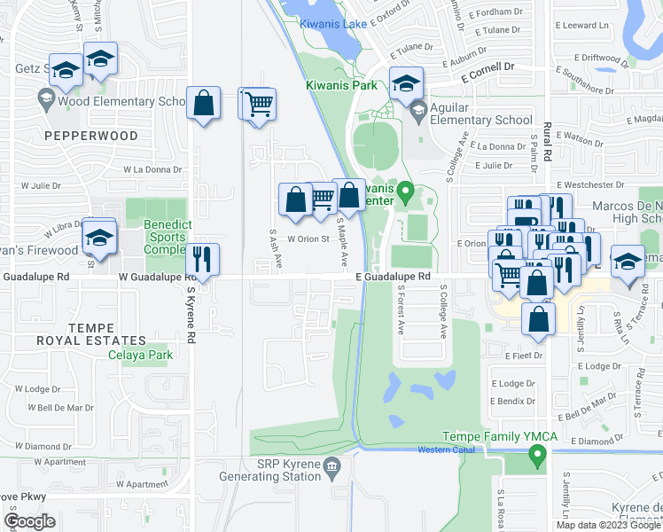 map of restaurants, bars, coffee shops, grocery stores, and more near 6350 South Maple Avenue in Tempe