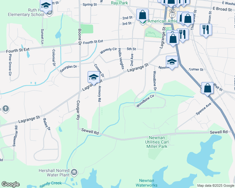 map of restaurants, bars, coffee shops, grocery stores, and more near 20 Watson Drive in Newnan