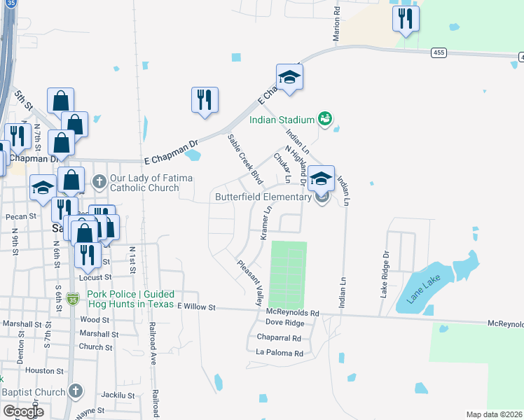 map of restaurants, bars, coffee shops, grocery stores, and more near 41 Kramer Lane in Sanger