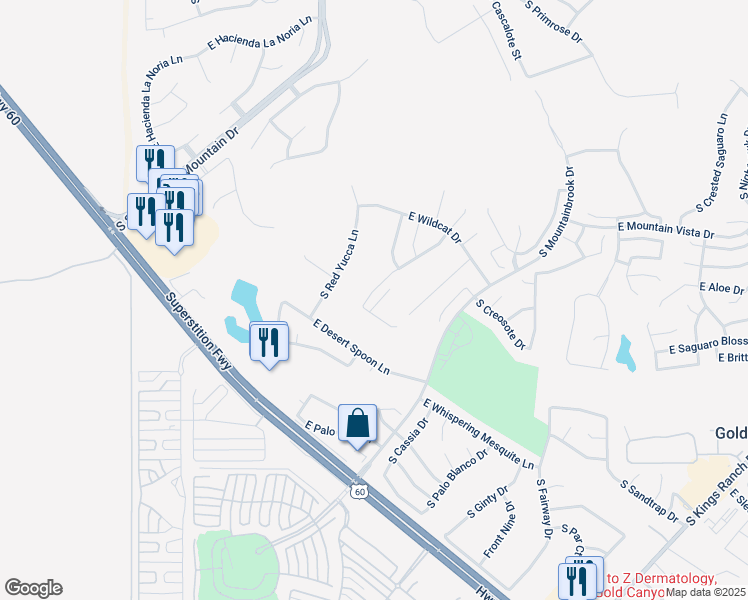map of restaurants, bars, coffee shops, grocery stores, and more near 5553 South Mohave Sage Drive in Gold Canyon