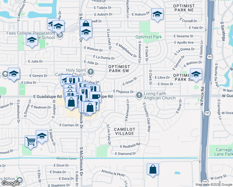 map of restaurants, bars, coffee shops, grocery stores, and more near 1922 East Orion Street in Tempe