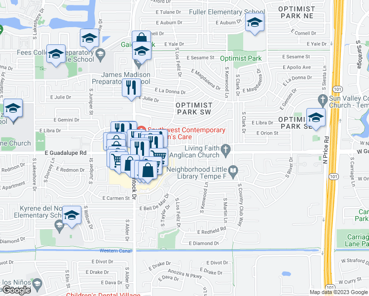 map of restaurants, bars, coffee shops, grocery stores, and more near 6235 South Los Feliz Drive in Tempe