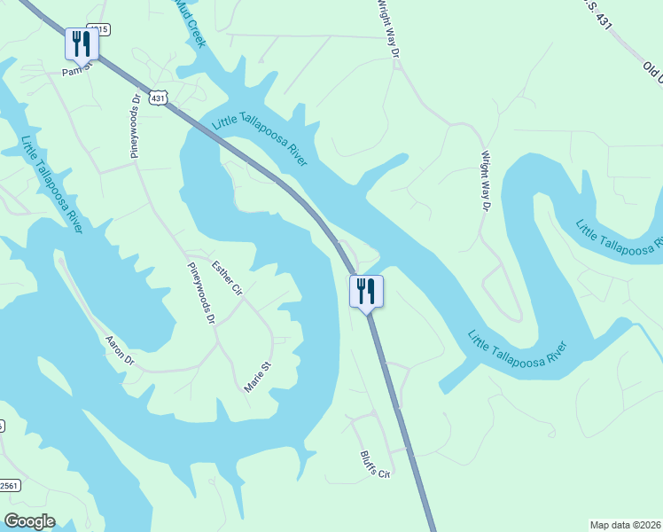 map of restaurants, bars, coffee shops, grocery stores, and more near 20815 U.S. 431 in Wedowee
