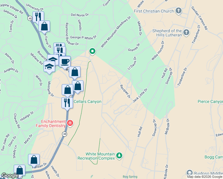 map of restaurants, bars, coffee shops, grocery stores, and more near 111-177 L L Davis Drive in Ruidoso