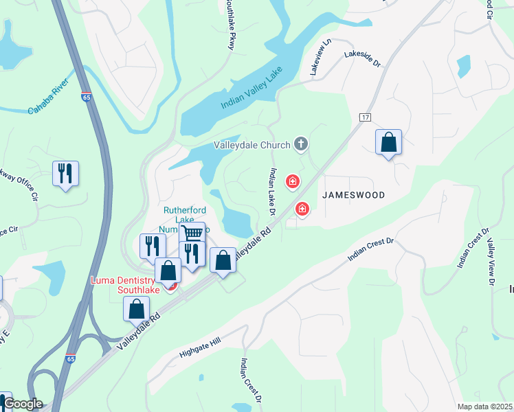 map of restaurants, bars, coffee shops, grocery stores, and more near 4525 Lake Valley Drive in Hoover
