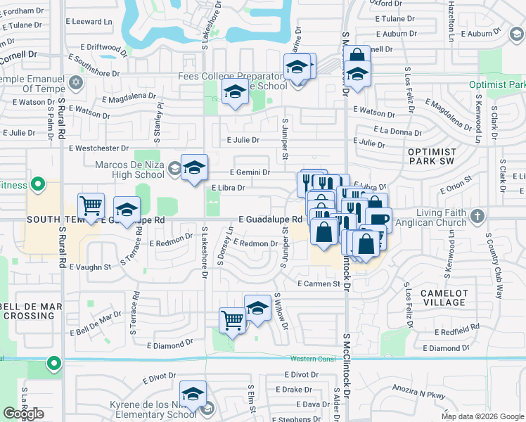 map of restaurants, bars, coffee shops, grocery stores, and more near 1402 East Guadalupe Road in Tempe