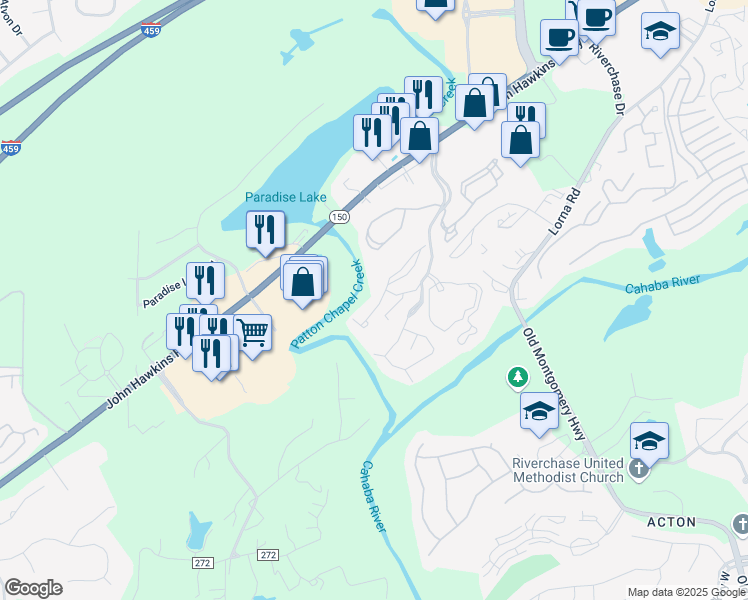 map of restaurants, bars, coffee shops, grocery stores, and more near 6167 Crowne Falls Parkway in Hoover