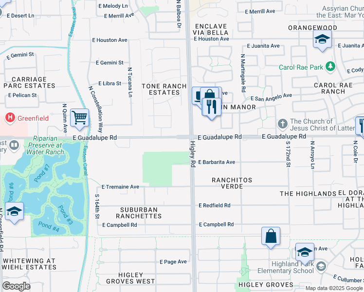 map of restaurants, bars, coffee shops, grocery stores, and more near 754 North Higley Road in Gilbert