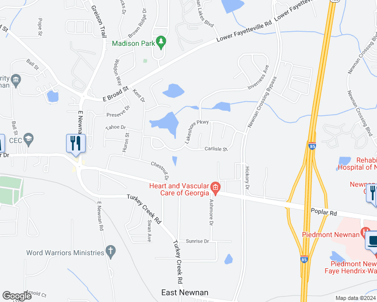 map of restaurants, bars, coffee shops, grocery stores, and more near 15 Carlisle Street in Newnan