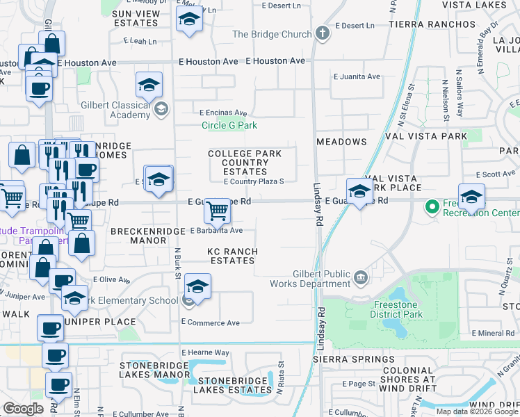 map of restaurants, bars, coffee shops, grocery stores, and more near 729 North Riata Street in Gilbert