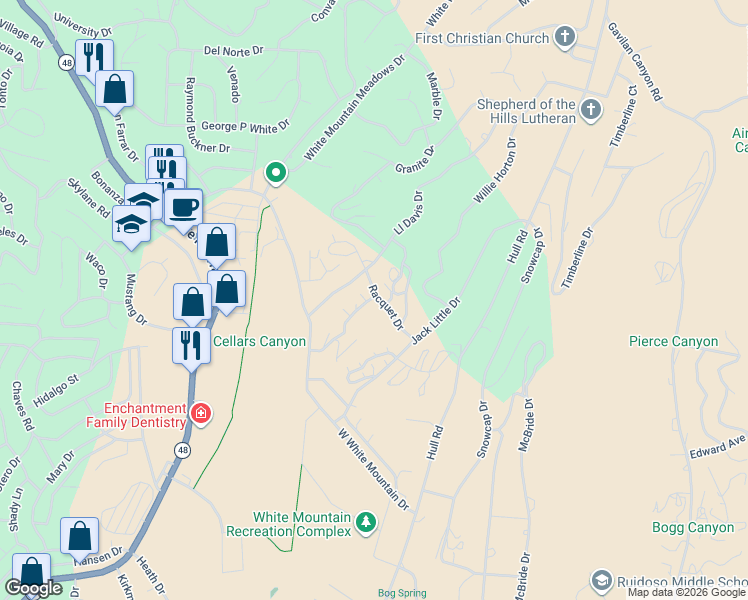 map of restaurants, bars, coffee shops, grocery stores, and more near 202 Racquet Drive in Ruidoso