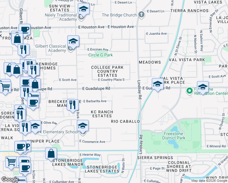 map of restaurants, bars, coffee shops, grocery stores, and more near 729 North Riata Street in Gilbert