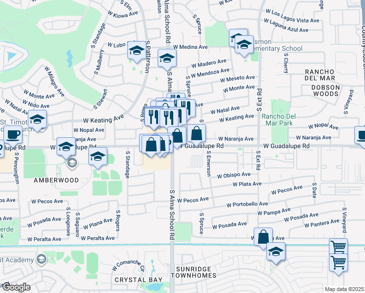 map of restaurants, bars, coffee shops, grocery stores, and more near 1142 West Guadalupe Road in Mesa