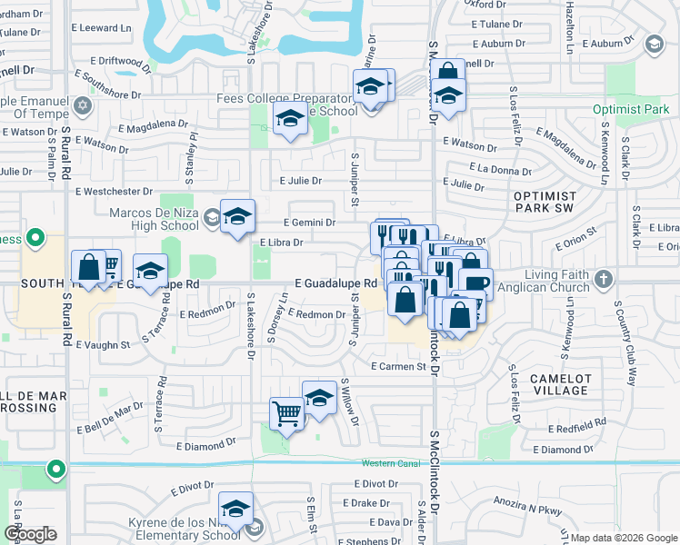 map of restaurants, bars, coffee shops, grocery stores, and more near 8 South Juniper Street in Tempe