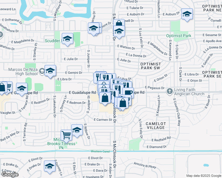 map of restaurants, bars, coffee shops, grocery stores, and more near 6350 South McClintock Drive in Tempe