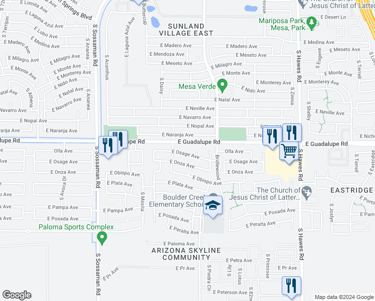 map of restaurants, bars, coffee shops, grocery stores, and more near 7934 East Osage Avenue in Mesa