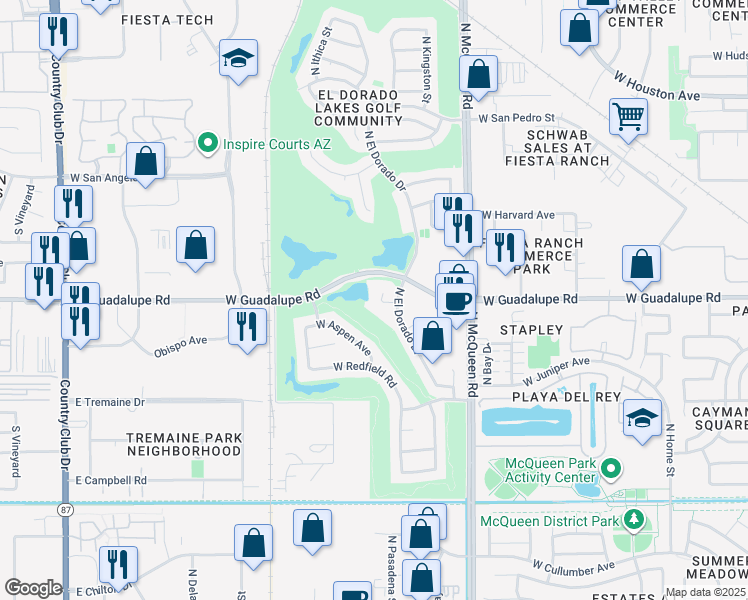 map of restaurants, bars, coffee shops, grocery stores, and more near 1770 West Aspen Avenue in Gilbert