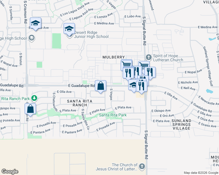 map of restaurants, bars, coffee shops, grocery stores, and more near 2800 South Vegas in Mesa