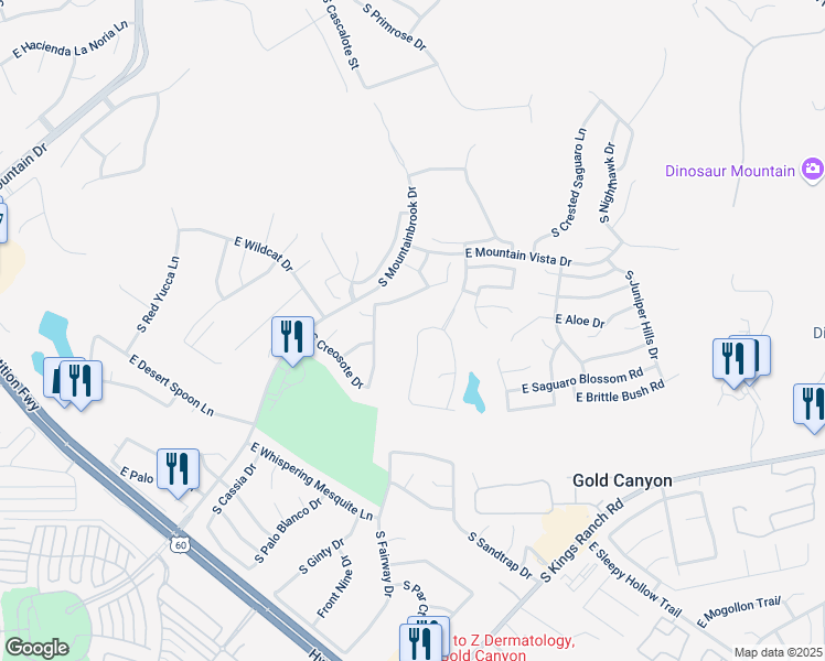 map of restaurants, bars, coffee shops, grocery stores, and more near 5556 South Pinnacle Lane in Gold Canyon