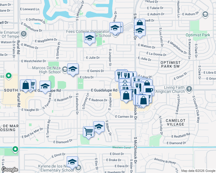 map of restaurants, bars, coffee shops, grocery stores, and more near 8 South Juniper Street in Tempe