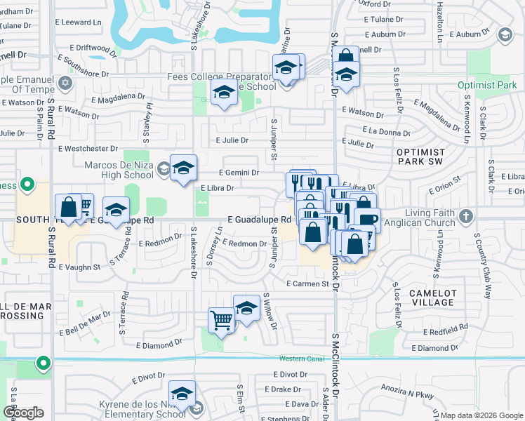 map of restaurants, bars, coffee shops, grocery stores, and more near 8 South Juniper Street in Tempe