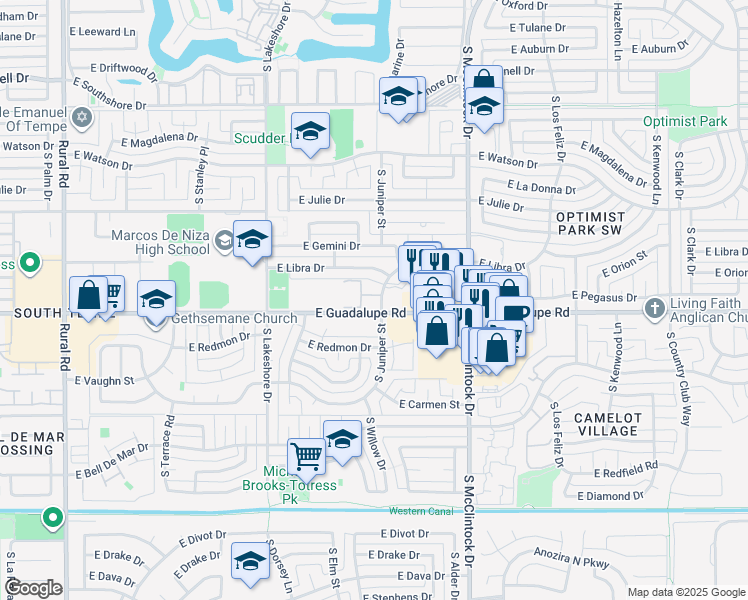 map of restaurants, bars, coffee shops, grocery stores, and more near 1402 East Guadalupe Road in Tempe