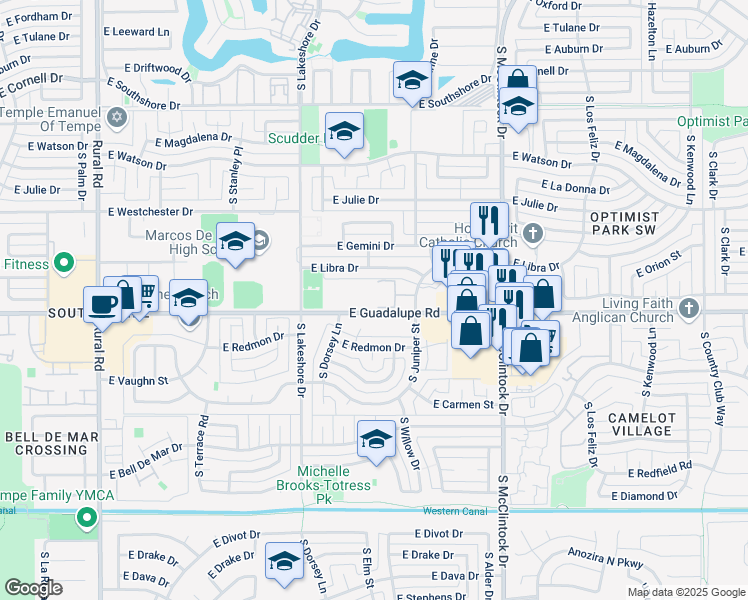 map of restaurants, bars, coffee shops, grocery stores, and more near lot 1402 East Guadalupe Road in Tempe