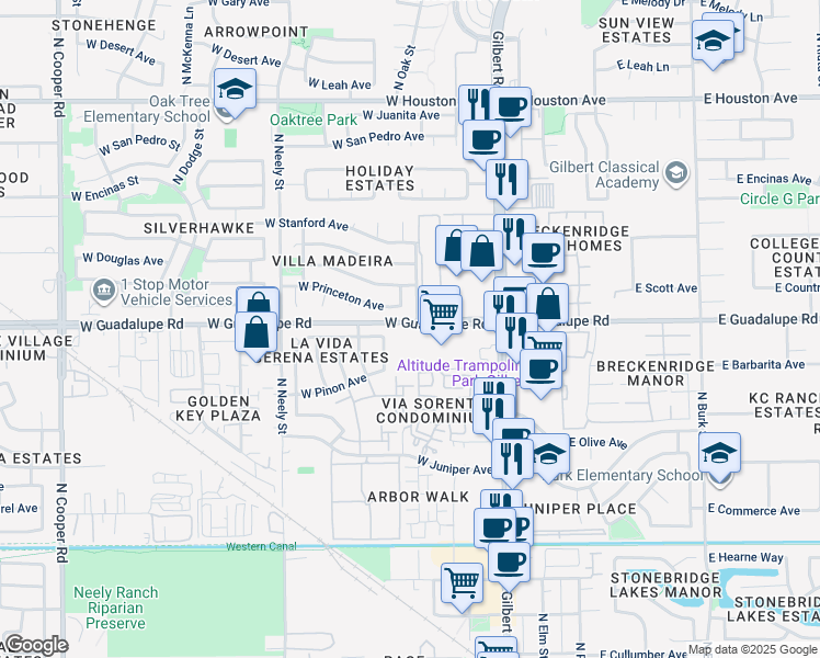 map of restaurants, bars, coffee shops, grocery stores, and more near 201 West Guadalupe Road in Gilbert