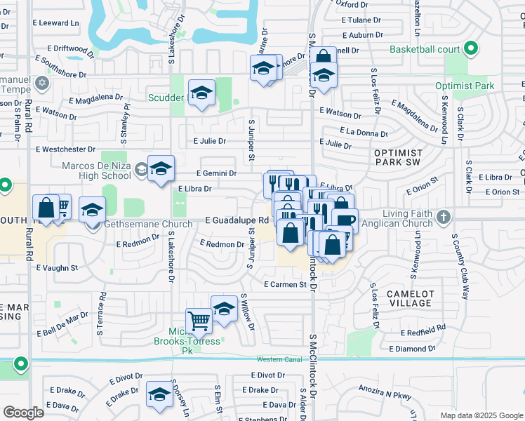 map of restaurants, bars, coffee shops, grocery stores, and more near 1610 East Guadalupe Road in Tempe