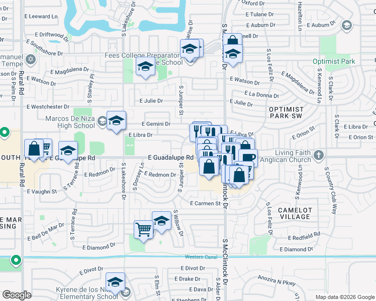 map of restaurants, bars, coffee shops, grocery stores, and more near 1610 East Guadalupe Road in Tempe