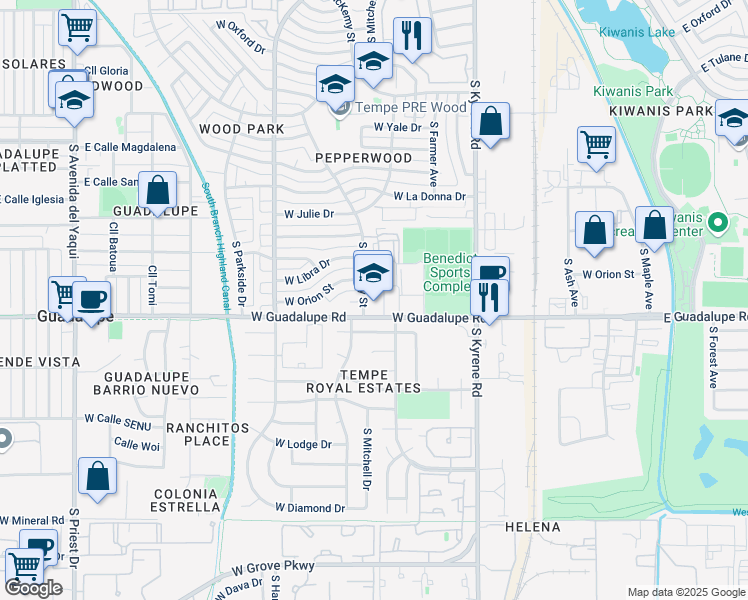 map of restaurants, bars, coffee shops, grocery stores, and more near 500 West Guadalupe Road in Tempe