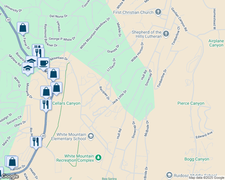 map of restaurants, bars, coffee shops, grocery stores, and more near 104 Racquet Place in Ruidoso