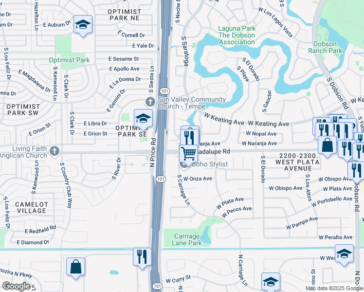 map of restaurants, bars, coffee shops, grocery stores, and more near 2738 South Noche De Paz in Mesa