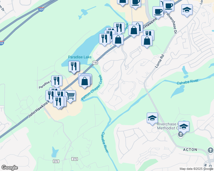 map of restaurants, bars, coffee shops, grocery stores, and more near 6167 Crowne Falls Parkway in Hoover
