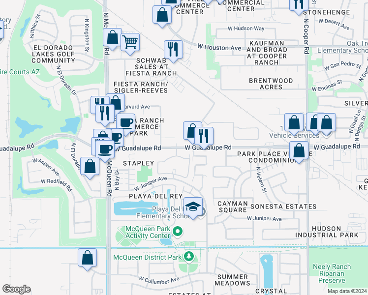 map of restaurants, bars, coffee shops, grocery stores, and more near 1280 West Guadalupe Road in Gilbert