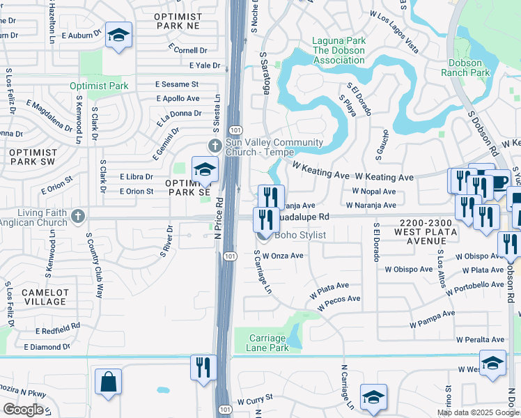 map of restaurants, bars, coffee shops, grocery stores, and more near 2738 South Noche De Paz in Mesa