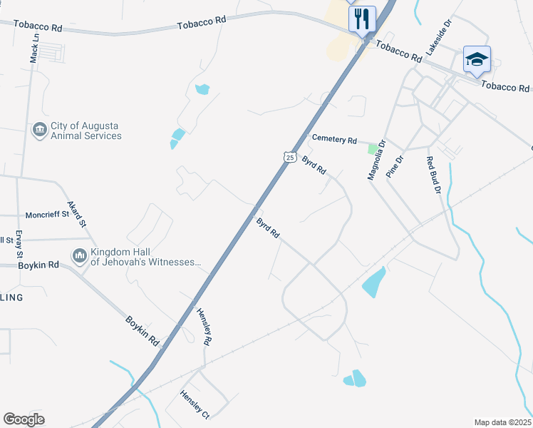 map of restaurants, bars, coffee shops, grocery stores, and more near 3696 Peach Orchard Road in Augusta