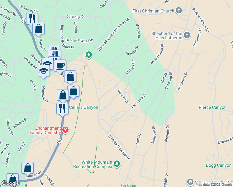 map of restaurants, bars, coffee shops, grocery stores, and more near 202 Racquet Drive in Ruidoso
