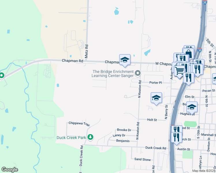 map of restaurants, bars, coffee shops, grocery stores, and more near 2503 Wichita Trail in Sanger