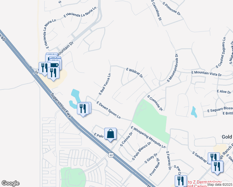map of restaurants, bars, coffee shops, grocery stores, and more near 5553 South Mohave Sage Drive in Gold Canyon