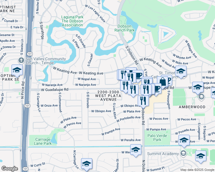 map of restaurants, bars, coffee shops, grocery stores, and more near 2245 West Naranja Avenue in Mesa