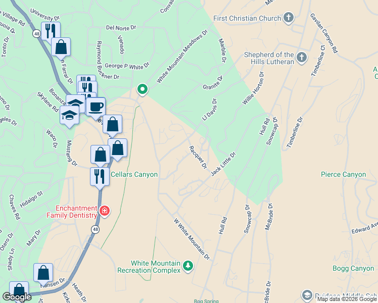 map of restaurants, bars, coffee shops, grocery stores, and more near 202 Racquet Drive in Ruidoso